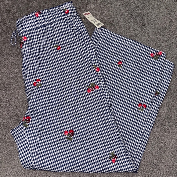 Nicole Miller Pants - NICOLE MILLER Blue White Gingham Linen Pant Cherry Embroidered Drawstring Size 8